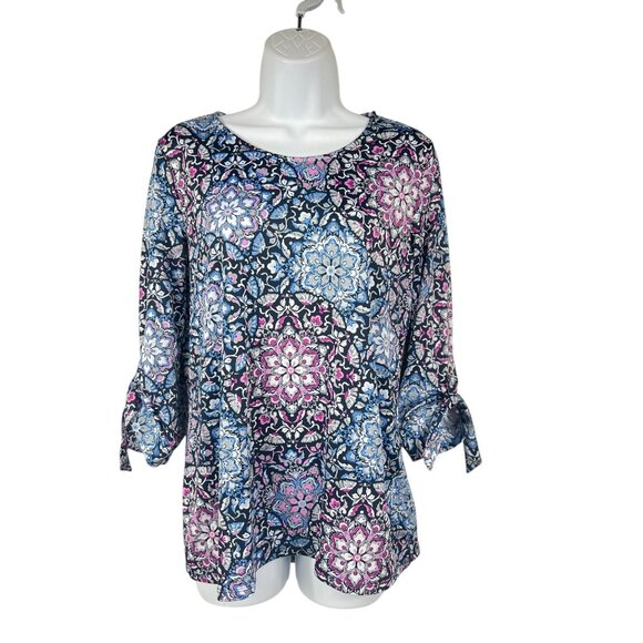 Croft & Barrow Womens Small Floral Print 3/4 Tie Sleeve Blouse - Picture 8 of 14